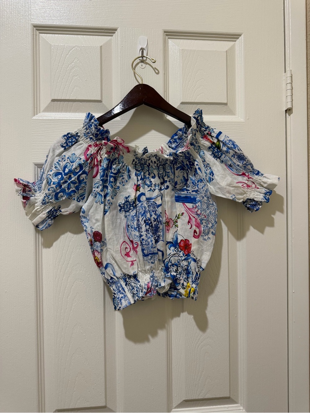 White Floral Off-Shoulder Linen Smocked Top